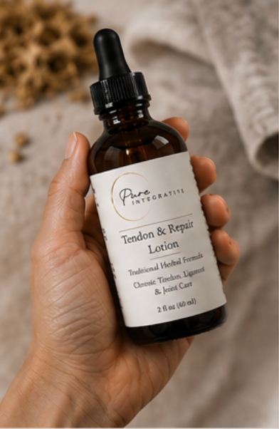 Pure Integrative Tendon & Repair Lotion label showing traditional Chinese herbal formula for chronic joint pain and tendinopathy