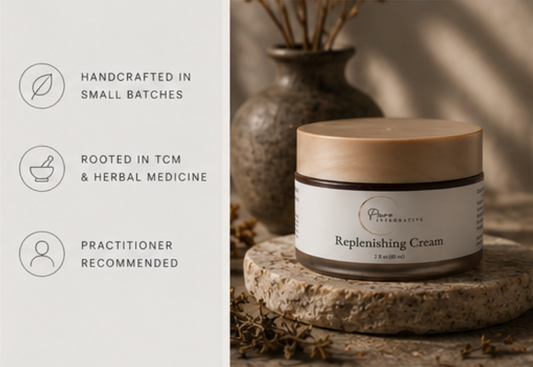 Pure Integrative Replenishing Cream label detail showing Chinese herbal ingredients for eczema, dermatitis, and acne support