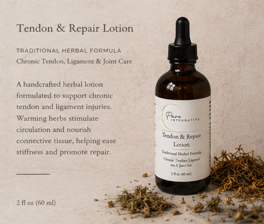 Pure Integrative Tendon & Repair Lotion in a 2 fl oz amber dropper bottle, handcrafted Chinese herbal formula for chronic tendon, ligament, and joint care