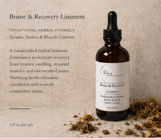 Pure Integrative Bruise & Recovery Liniment in a 2 fl oz amber dropper bottle, handcrafted Chinese herbal formula for sprains, strains, and muscle comfort