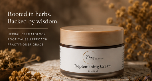 Pure Integrative Replenishing Cream in a 2 fl oz amber jar with wooden lid, 14-herb Chinese herbal cream for dry, inflamed, and reactive skin